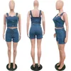 Robe de deux pièces 2022T Femmes sexy 2 Set Summer Denim Jeans sans manches Crop Top Shorts Costume Bleu Outfit MF815