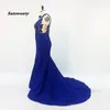 Een schouder zeemeermin avondjurken lange mouwen kant kralen backless royal blue formele jurk partij prom gown gewaad de soiree