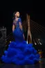 2019 Abiti da ballo blu royal Collo alto Perline applicate in pizzo Manica lunga Abito da sera a sirena Strato di nuvole Splendidi abiti da festa formali