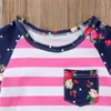 W435 여름 아기 소녀 의류 아이들이 아이들 짧은 소매 Florals 스트라이프 티셔츠 + 청바지 반바지 2pcs 복장 어린이 의류 양복
