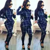 Plaid Print Bodycon Jumpsuit Women Turtleneck Long Sleeve Peplum One Piece Overalls Skinny Party Casual Romper Catsuit Sashes Sportswear