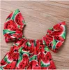 Baby Girl Summer Rompers Infant Casual Jumpsuit Bow Headbands 2pcsset Watermeloenprint Playsuit kleding Vliegende mouwen Outfits9254182