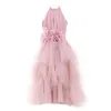 2020 robes de fille de fleur rose col haut sans manches fait à la main fleur plume à plusieurs niveaux fille Pageant robe Tulle sur mesure robe de baptême