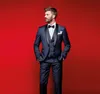 Navy Blue Wedding Tuxedos Slim Fit kostymer för män Groomsmen kostym tre bitar billiga prom formella kostymer (jacka + byxor + väst + slips)