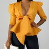 Tunique à manches bouffantes Blouses Tops Femmes Plus Size Peplum Bowknot Ruffles Ladies Party Club Jaune Blanc