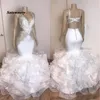 Beyaz Organze Ruffles Gelinlik Modelleri ile Aplike Dantel Spagetti Sapanlar Mermaid Akşam elbise Artı Boyutu Parti Abiye
