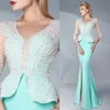 Elegant Evening Dresses Formal Wear Blue Satin Long Crystal Pearls Peplum Split Prom Gowns Plus Size Formal Party Dress