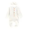 Ins-Baby Girls Romper Spädbarn Boys Solid Färger Långärmad Jumpsuit + Bow Headband Toddler Vår Singel Breasted Onesie C6077