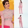 Moslim Arabisch formele avondjurken jumpsuit met lange mouwen zilveren strassige strassige strass