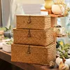 Tkany kosz do przechowywania z pokrywką Rattan sundries schowek pudełko wiklinowy koszyk Handmade sortowanie pudełka seażny biżuteria organizator