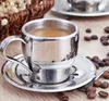 160 ml Edelstahl Kaffee Tee Set Doppelschicht Kaffeetasse Tassen Espressotasse Milch Tassen mit Teller und Löffel GGA2646