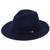 Moda-e Unisex feltro de lã Fedora chapéus com couro banda mulheres Vintage Aba larga Mens Fedoras Cap Jazz Chapéu Panamá Chapéu Formal