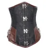 Women Gothic Steampunk Brown Black 12pcs Steel Boned Brocade Jacquard Underbust Corsets with PU Leather Patchwork Sexy Waist Cinch242o