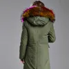 горячие продажи разноцветные меховой отделкой холст куртка женщин шубы Meifeng Марка разноцветные лисий мех подкладка армия зеленый длинные парки