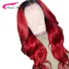 1B 99J # 360 Lace Wig frontal da onda do corpo frente sintético Lace Wigs com bebê Ombre Cabelo vinho peruca vermelha para as mulheres