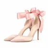 Hot Sale-Sweet bowtie ankle wrap satin shoes pointed high heels beige pink black size 35 to 40