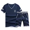 Fashion-Summer Casual Tracksuit Cotton Made Men Short Suit V-Neck T Shirt With Short Pants 2 Pcs Set Beach Holiday Tracksuits