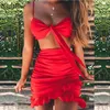 Conjunto de duas peças feminino babados laço casual praia vestido de verão vermelho ombro a ombro sexy clube bodycon wrap mini vestido de festa