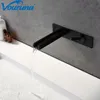 Grifo de lavabo de cascada negro Vouruna, grifo mezclador de lavabo de baño de estilo cuadrado montado en la pared, juego de caño de lavabo de pared cromado