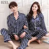 Bzel seda cetim pijama conjuntos casais sleepwear listrado pijama femme manga longa pijama lovers roupas casual casual wear