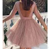 2021 Rosa Short Prom Dresses Rose Gold Pailletten Schaufel Hals Backless 3/4 Lange Ärmel Maßgeschneiderte Abend Party Kleid plus Größe