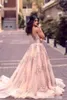 Pink Prom Rose 2020 Dresses with Overskirt Sequins Lace Applique Sheer Neck Plunging Sexy Side Slit Custom Made Formal Evening Party Gowns