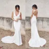 Sjöjungfrun nya sexiga klänningar billiga v hals bohemiska strand brudklänningar land trädgård satin skräddarsydd bröllopsklänning