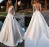 Simple Lace Wedding Dresses Sheer Jewel Neck A Line Satin Skirt Sweep Train Appliques Long Sleeve Bridal Gowns Gorgeous Boho Wedding Dress