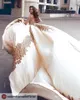 Arabic Luxury Satin Ball Gown Wedding Dresses V Neck Illusion Long Sleeves Lace Applique Chapel Train Wedding Bridal Gowns BC1383