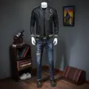 Chaqueta negra bordada para hombre, cazadora entallada informal a la moda, cazadora con cuello levantado, abrigo masculino de alta calidad para primavera y otoño