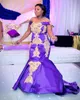 Royal фиолетовый Плюс Размер Пром платья Русалка атласная Золото Кружева Аппликация Вышивка атласная развертки Поезд сшитое African официально платье вечера
