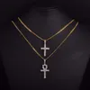 Circón helado Ankh Cross Colllace Joyas Juego de joyas Plata de oro Material de cobre Bling CZ Clave de la vida Egipto Colgantes Collares