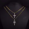 Iced Zircon Ankh Kors Halsband Smycken Set Guld Silver Koppar Material Bling CZ Nyckel till liv Egypten Pendants halsband