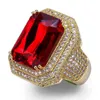 Iced Out Ruby Pierścionki Dla Mężczyzn Luksusowy Designer Męski Bling Diamond Ring Miedzi Cyrkon 18K Pozłacany Zaręczyny Ślubny Złoto Gem Biżuteria