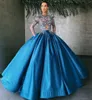 Stunning Blue Beaded Ball Gown Prom Dresses Jewel Neck Long Sleeves Sequined Evening Gowns Plus Size Floor Length Satin Formal Dress