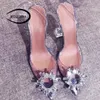 WEIQIAONA sexy spitzen Knöchelriemen Frau Mode Kristall Schuhe Rau mit High Heels transparent Damen High Heel Hochzeit Sandale