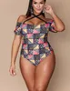 Atacado 2019 swimwear Big plus mulher gorda grande das mulheres impresso um ombro palavra um pedaço swimwear de cintura alta Biquinis elegante flexível