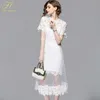H Han Queen Summer Mesh Patchwork Lace Dress Women O-neck Work Casual Party Slim Sexy White Long Dresses Vintage Vestidos Y19050805