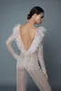 Sexy Berta Jumpsuits Prom Jurken V-hals Lange mouw Crystal Avondjurken met Veren Dubai Arabische Party Runway Jurk Custom Made