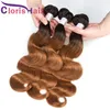 Markera Auburn Brown Raw Virgin Indian Body Wave Bundles T1B 30 Färgat Mänskligt Hår Vävar Två Tone Blonda Wavy Ombre Extensions 3pcs