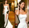 2020 elegante bescheiden zwart en wit avondjurken 2019 strapless hoge kant split sexy lange prom feest formele jurken vloerlengte