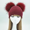 Fashion-Double Echtpelz Pom Pom Hut Frauen Winter Caps Gestrickte Wolle Hüte Skullies Beanies GFemale Natürliche Zwei Pelz PomPom Beanie Hat341w