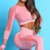 Conjunto de 2 uds de Yoga sin costuras para mujer, mallas con realce de cadera para gimnasio, ropa deportiva para mujer, conjunto de ropa deportiva de manga larga para correr y Fitness