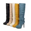 Plus storlek 32 till 42 till 46 gul spänne plattform chunky heels rynkade knä höga stövlar designer skor 5 färger