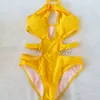 Kvinnors badkläder fast gul en bit baddräkt ihålig ut kors baddräkt monokini bodysuit kvinnor beachwear1