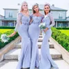 Mermaid Bridesmaid Dresses Lavender Deep V Neck Appliques Lace Sheer Long Sleeves Wedding Guest Prom Dress Satin Maid Of The Honor Gowns