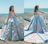 Designer Blue Lace Girls Pageant Dresses Ball Gown 3d Flowers Holiday Wedding Party Dresses Teenage Princess Kids Toddler Birthday Girls' Dress