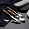 Natural dinnerware sets wooden handle 304 stainless steel flatware sets fork knife teaspoon spoon kitchen bar utensil kitchen supplies