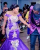 Vestidos de baile real de tamanho roxo sereia sereia renda de renda de ouro bordado de cetim Sweep Swee