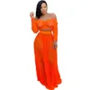 Femmes été hors épaule robe ensemble sexy voir à travers deux pièces ensembles orange sans bretelles à manches longues hauts amples tee jupe longue costume LJJA2830